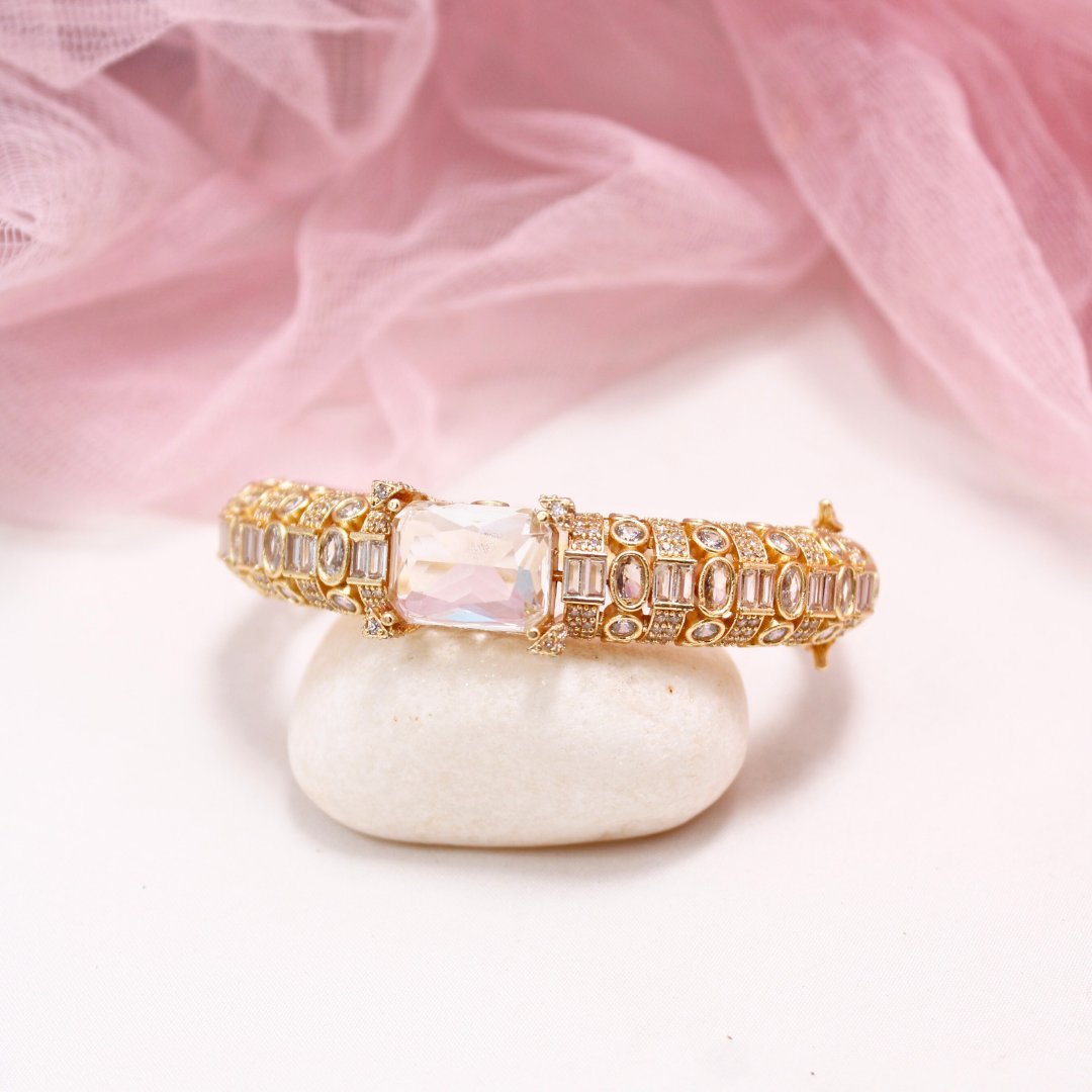 White Stone Openable Bracelet – Diamond Look Kada in Gold Finish