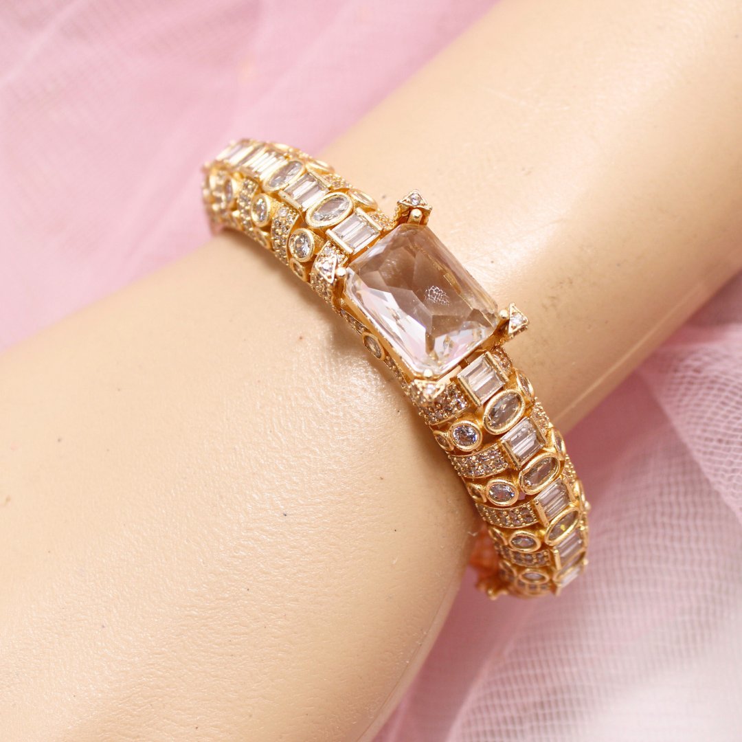 White Stone Openable Bracelet – Diamond Look Kada in Gold Finish
