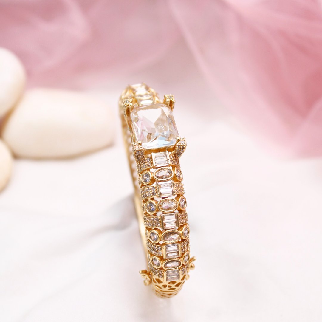 White Stone Openable Bracelet – Diamond Look Kada in Gold Finish