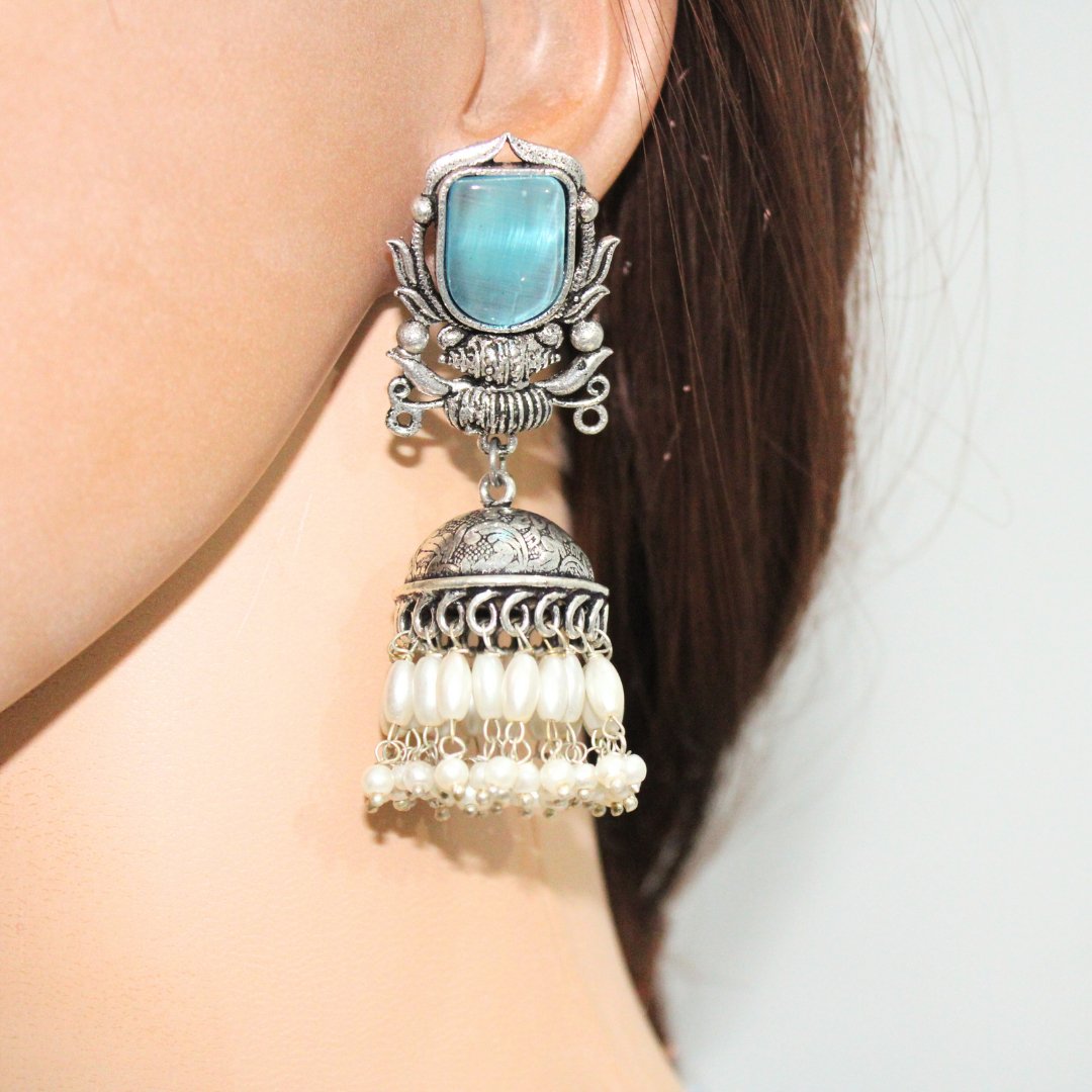 BIG STONE GULDASTA JHUMKA WITH PEARL & STONE - SKY BLUE