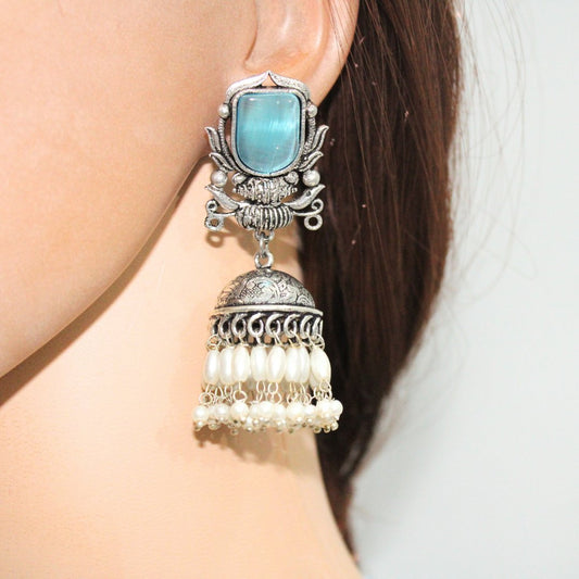 BIG STONE GULDASTA JHUMKA WITH PEARL & STONE - SKY BLUE