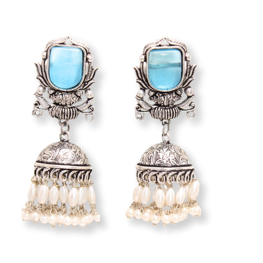 BIG STONE GULDASTA JHUMKA WITH PEARL & STONE - SKY BLUE