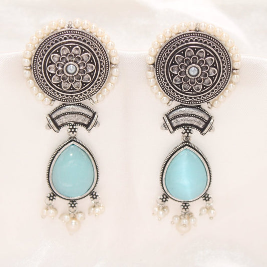 CHAKRA CHANDBALI JHUMKA WITH TEAR DROP STONE - BLUE