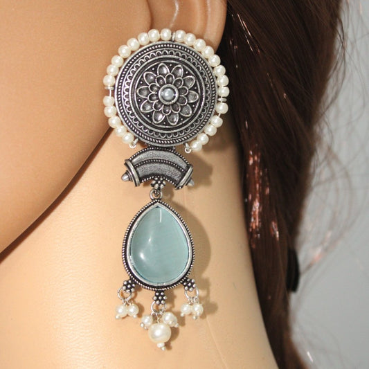 CHAKRA CHANDBALI JHUMKA WITH TEAR DROP STONE - BLUE