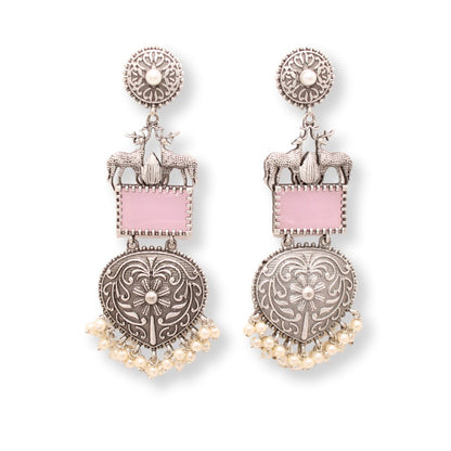 DEER PAIR SILVER LOOK ALIKE DANGLER - PINK