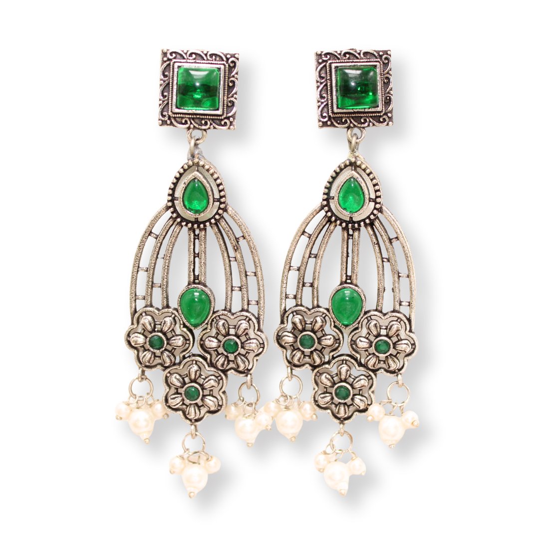 FLOWER TRIPLET DUAL - TONE STONE DANGLER JHUMKA - GREEN
