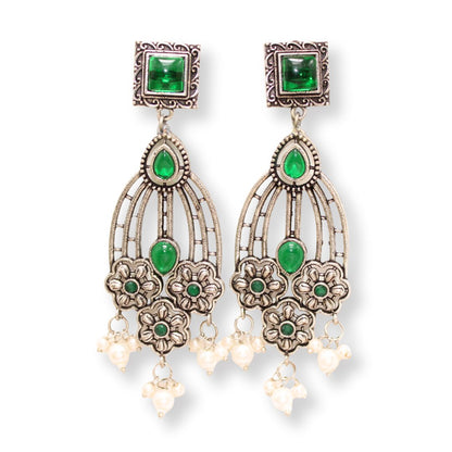 FLOWER TRIPLET DUAL - TONE STONE DANGLER JHUMKA - GREEN