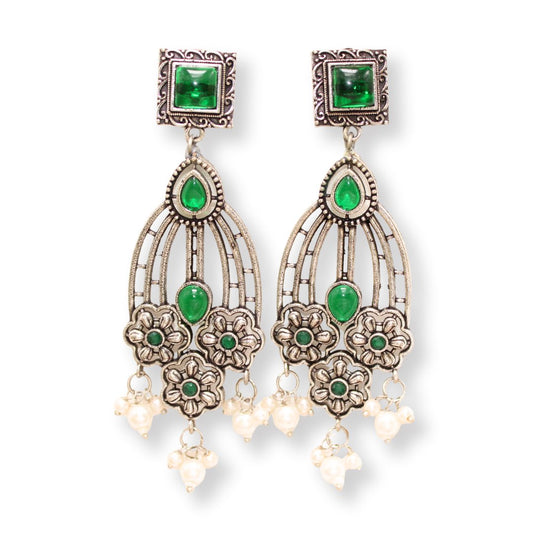 FLOWER TRIPLET DUAL - TONE STONE DANGLER JHUMKA - GREEN