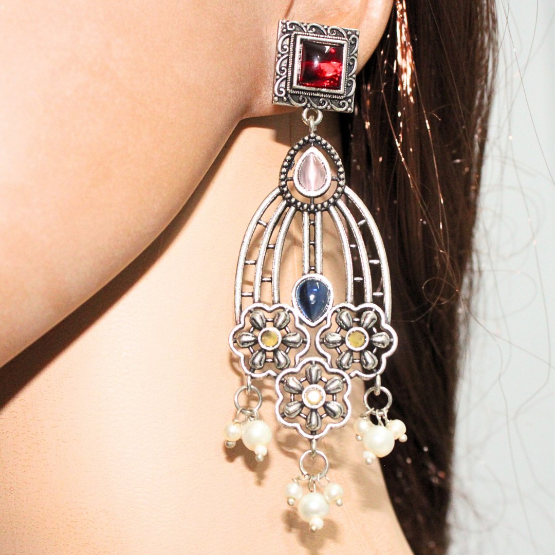 FLOWER TRIPLET DUAL - TONE STONE DANGLER JHUMKA - RED & BLUE