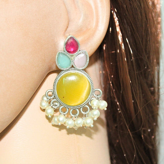 KALASH PATTERN WITH MULTICOLOUR STONES & PEARLS STUDS - YELLOW & MAGENTA