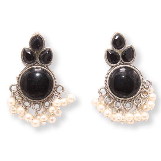 KALASH PATTERN WITH STONES & PEARLS STUDS - BLACK