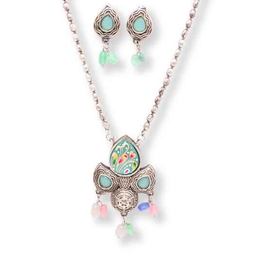 MEENAKARI AND STONE PENDANT SET - TURQUOISE