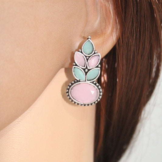 NAGINA LEAF STUD - SKY BLUE & PINK