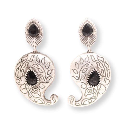 SILVER LOOK ALIKE KUNJ KALI EARRING - BLACK