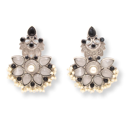 SILVER LOOK ALIKE MAYUR PANKHURI EARRING - GREY