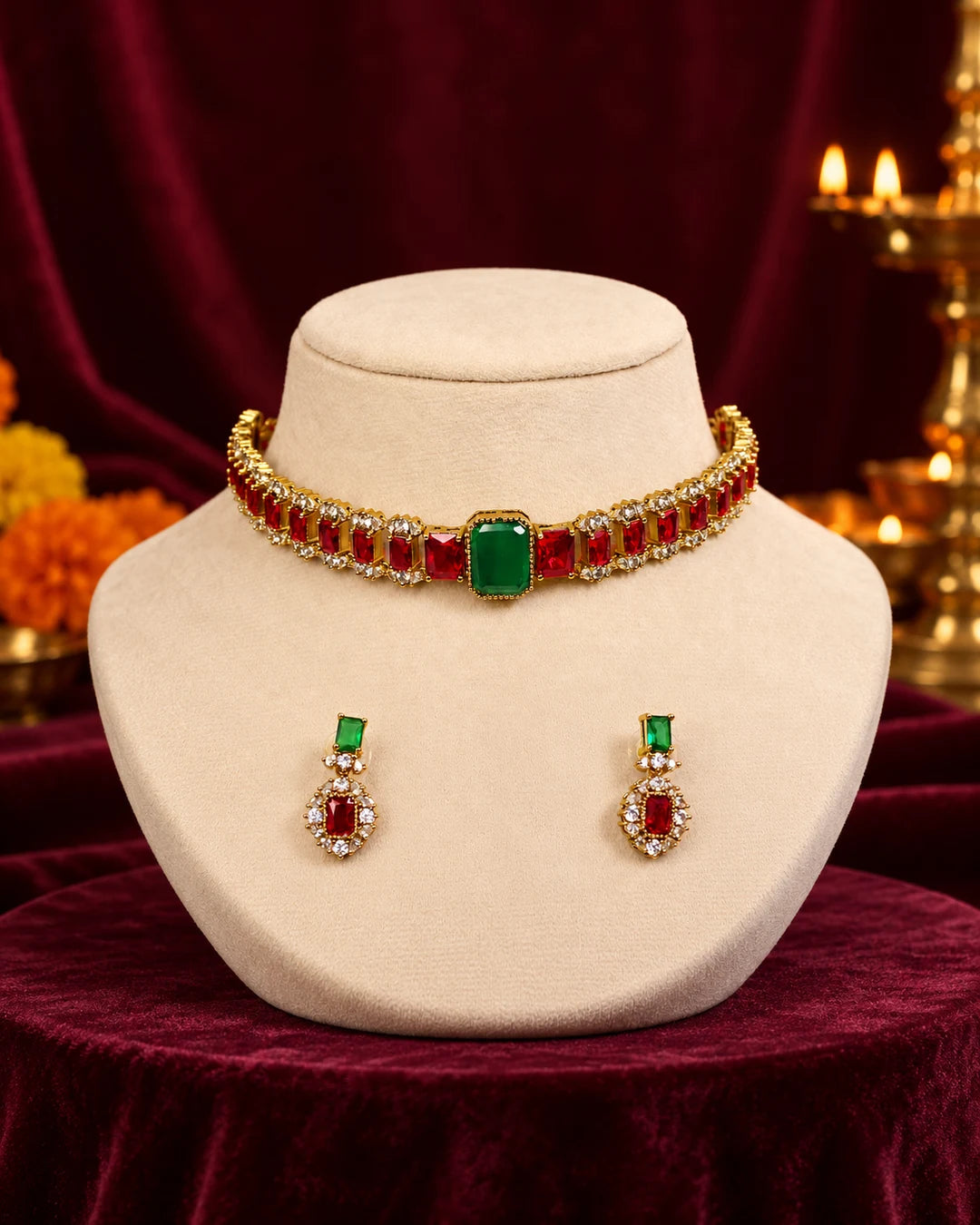 Navraee ruby and green necklace with both matching earrings in a Diwali setting