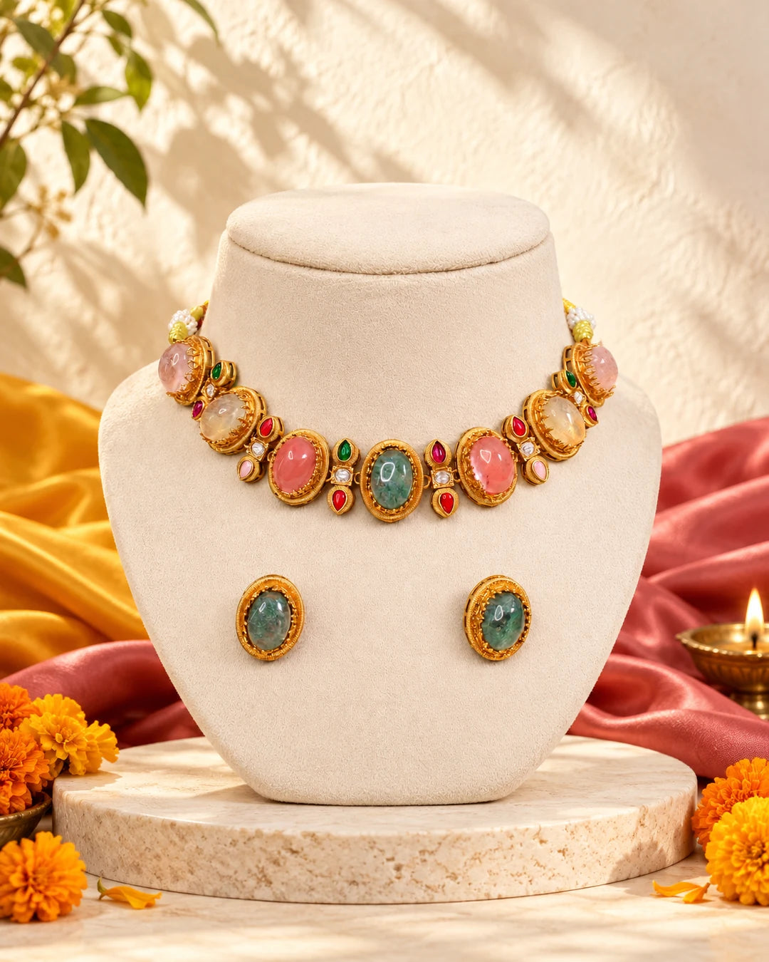 Navraee multicolour oval-stone necklace with both green earrings in warm festive light