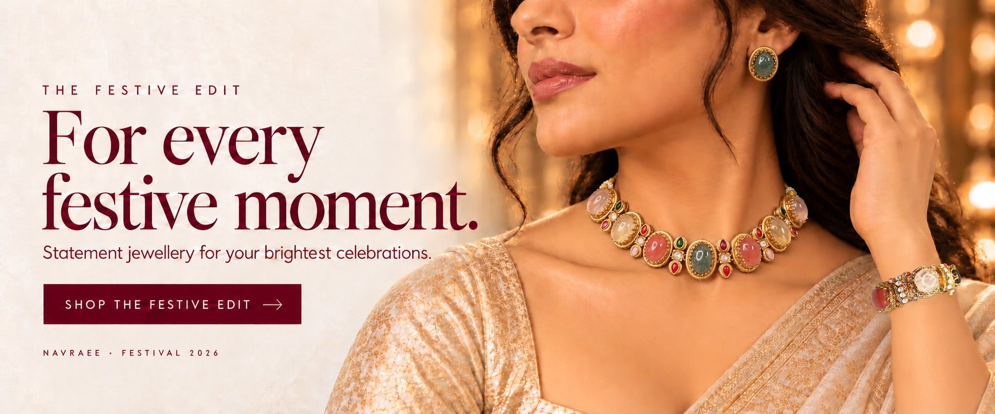 Navraee Festival 2026. For every festive moment. Statement jewellery for your brightest celebrations. Shop the Festive Edit. Model wears an oval multicolour stone necklace with green studs and the original multicolour kada.